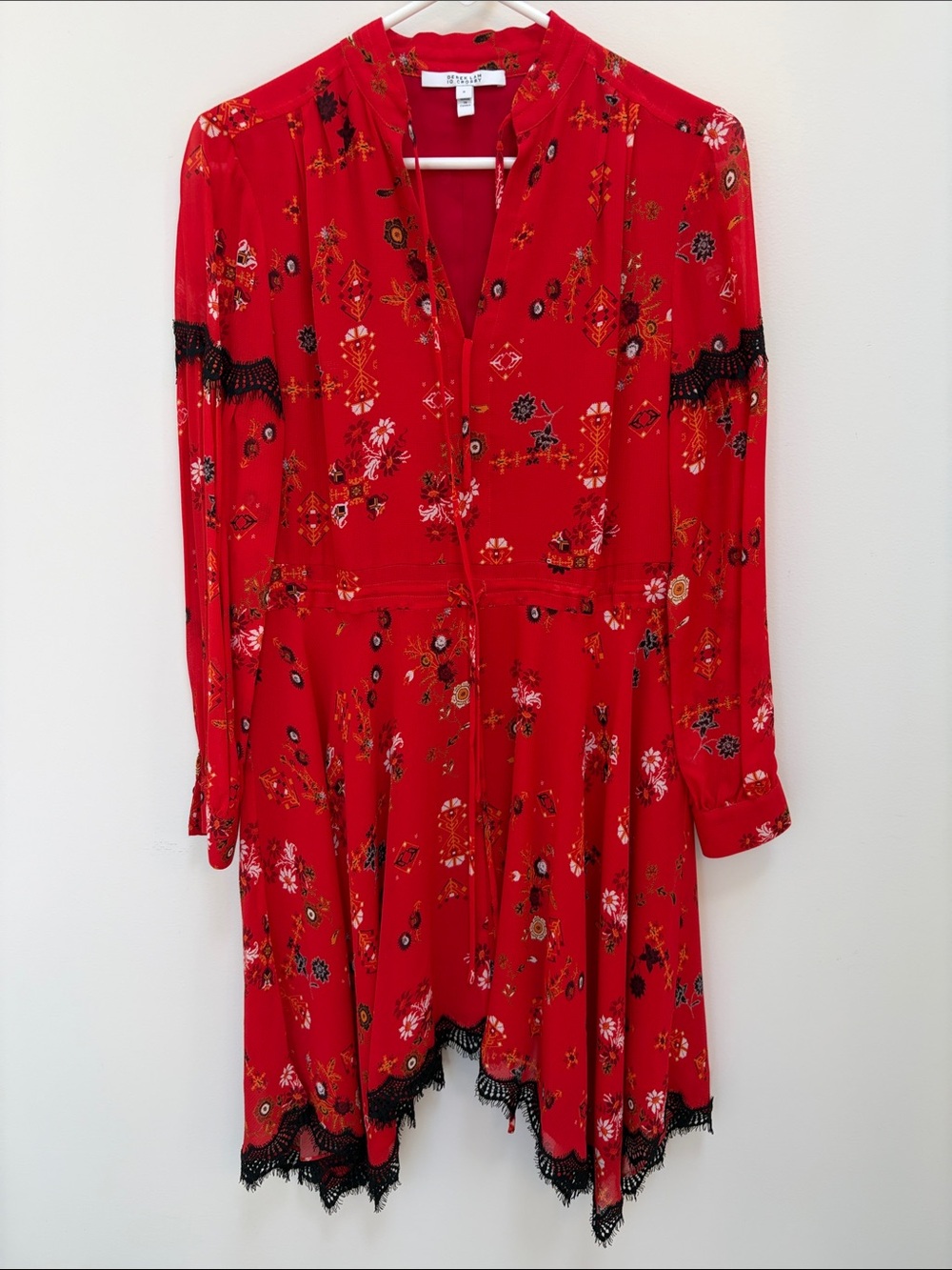 10 Crosby Derek Lam Red Floral Long-Sleeve Dress with Black Lace Trim
